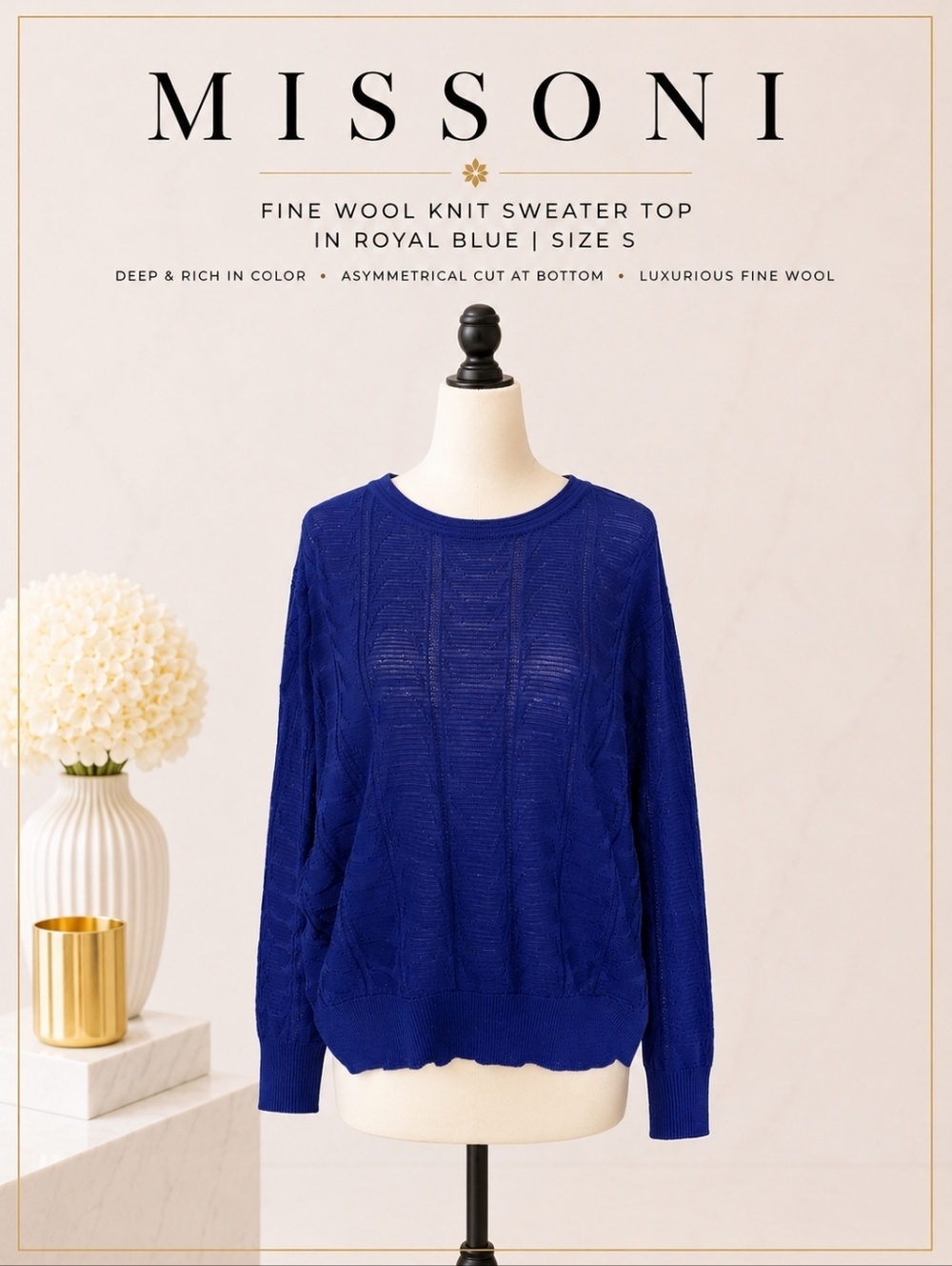 Missoni Fine Wool Knit Sweater Top in Royal Blue Size S